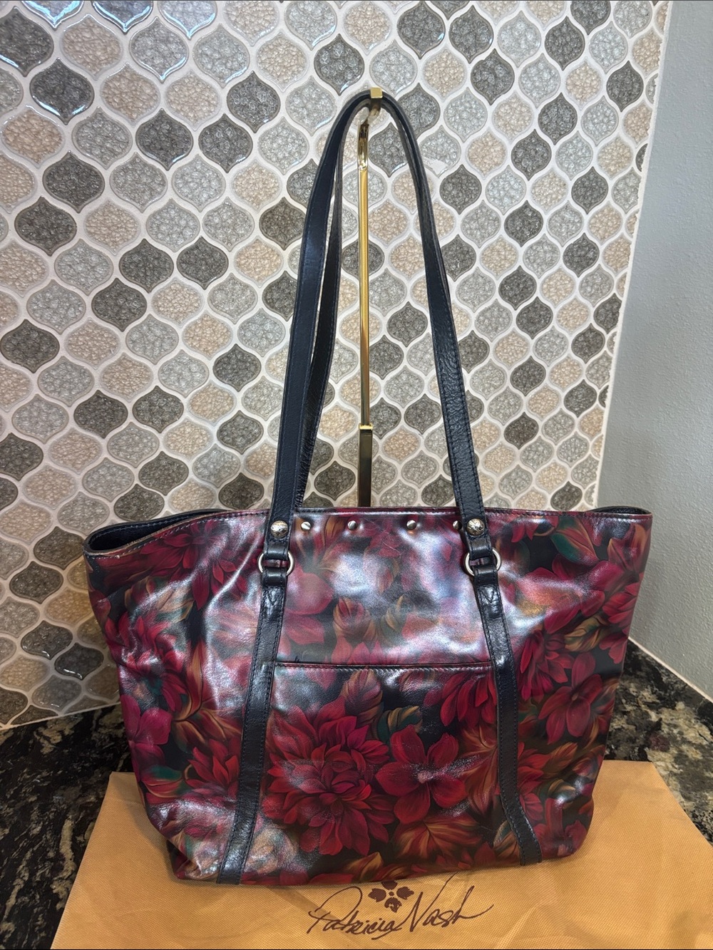 Patricia Nash Burgundy Floral Leather Tote with Black Straps - Picture 2 of 3